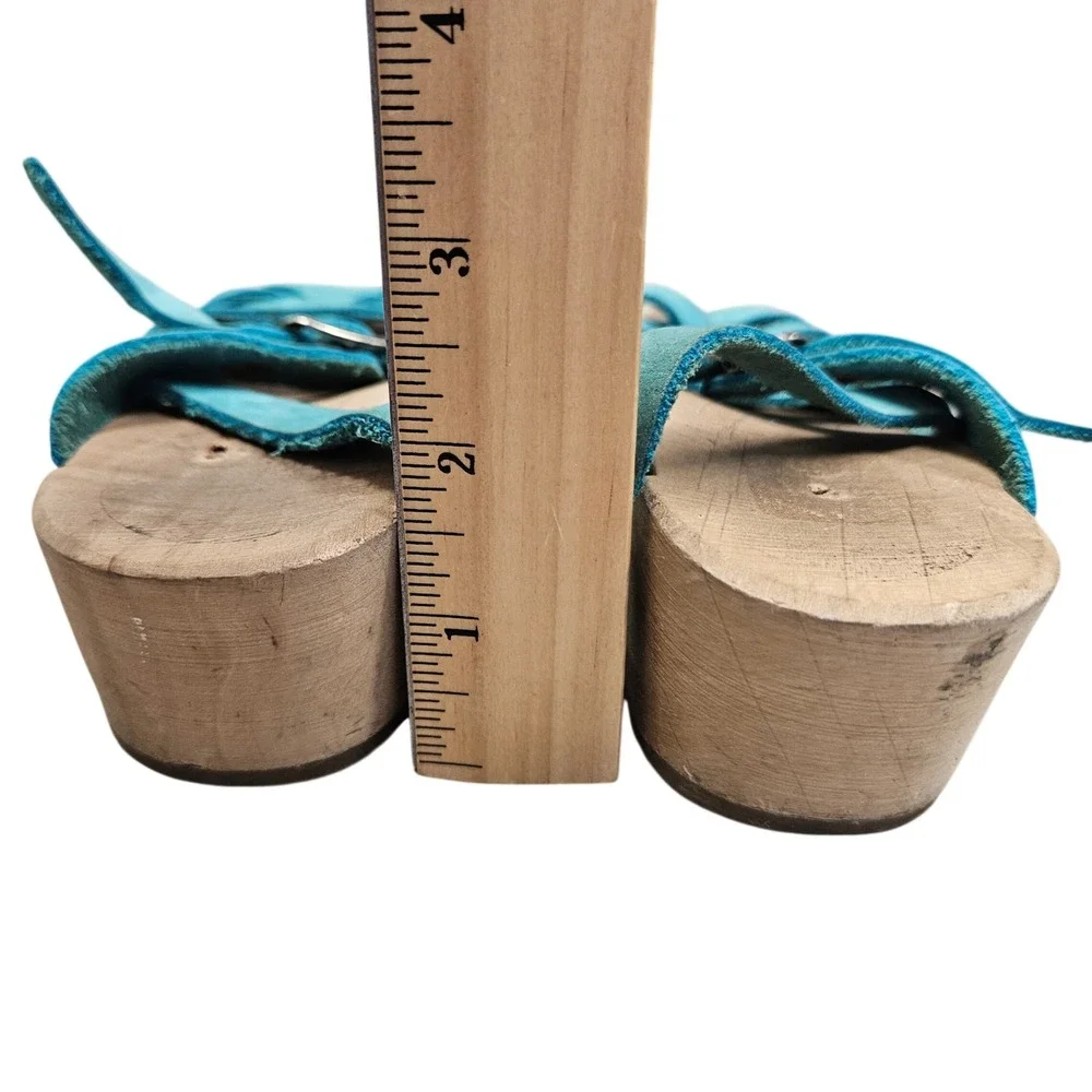 Swedish Clogs Sandals Kids 29 Teal Blue Suede Wood Woven Fisherman Boho Platform